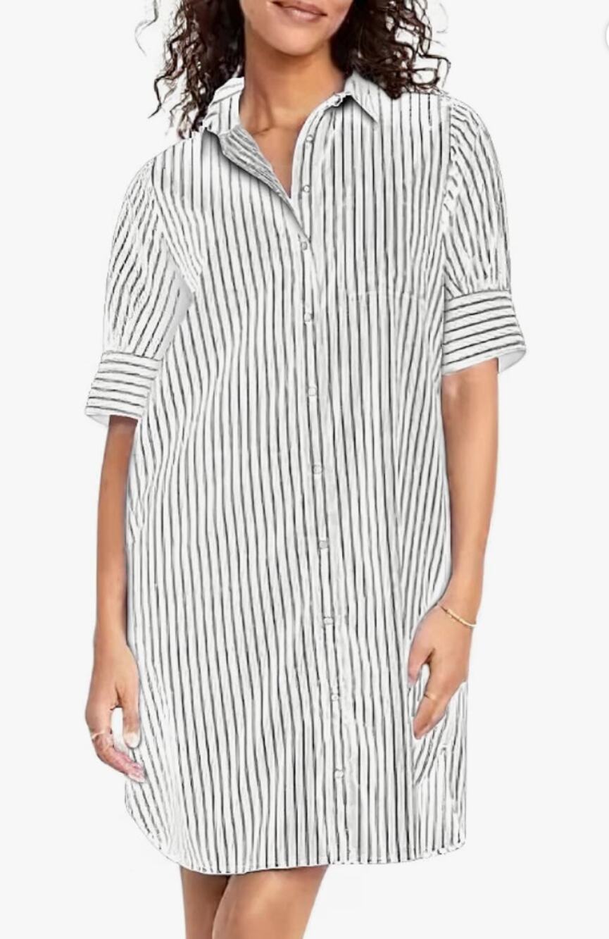 Summer Casual Stripe Shirt Dress Button Down Loose Fit Holiday Mini Shift Dress